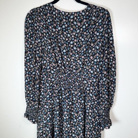 Rebecca Taylor Zelma Floral Silk Dress Size 8 Black Blue Pink V‑Neck Long Sleeve - Picture 5 of 15